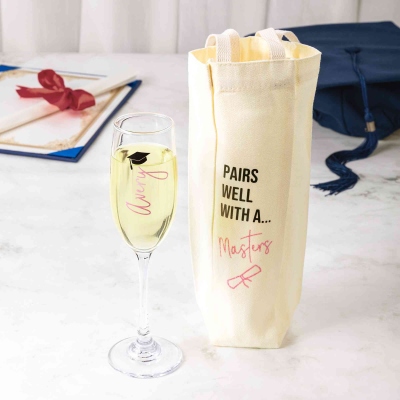 Personalized Graduation Champagne Flute with Name, Champagne Glass with Matching Tote Bag, Graduation Party Favor, Graduation Gift for Family/Friends