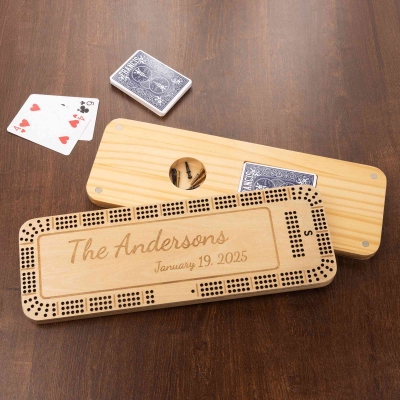 Personalized Engraved Wooden 3 Track Cribbage Board with Pegs and Poker, Game Night Accessories, Christmas/Birthday Gift for Cribbage Lovers
