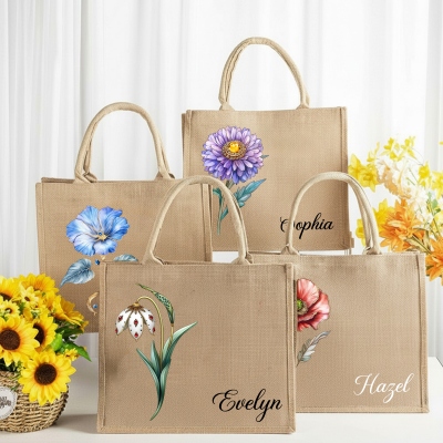 Personalized Name Birth Flower Tote Bag, Large Capacity Jute Bag, Burlap Beach Bag, Bridal Shower Favor, Birthday/Mother's Day Gift for Her/Mom/Women