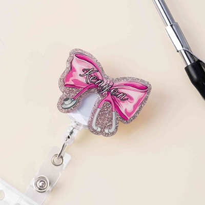 Custom Name Glitter Coquette Bow Stethoscope Retractable Badge Reel, Acrylic ID Badge Holder Clip, Appreciation Gift for Nurses/Doctors/Medical Staff