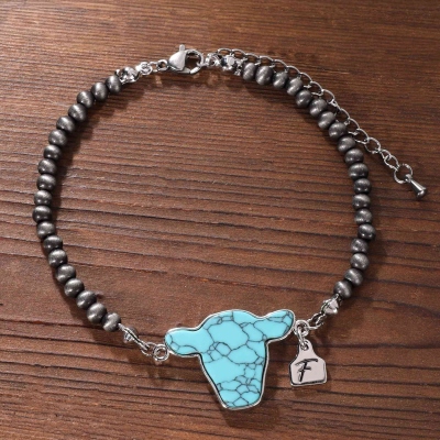 Personalized Cow Head Navajo Style Pearl Bracelet with Engraved Initial Cattle Tag, Western Jewelry, Birthday Gift for Cowgirls/Mother/Wife/Daughter