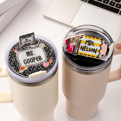 Personalized Name Apple/Disco Ball/Book/Pencil Straw Topper & Nameplate Set, Accessory for Stanley Cup, Back to School/Appreciation Gift for Teachers