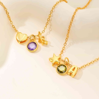 Personalized Star/Heart/Flower Pendant Necklace with Birthstone & Initial, 3D Cursive/Bubble Initial Necklace, Christmas/Birthday Gift for Kids/Girls