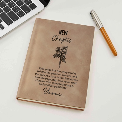 Personalized Name Birth Flower New Chapter Notebook, A5 Leather Motivational Journal, Farewell/Retirement Gift for Family/Friends/Coworkers