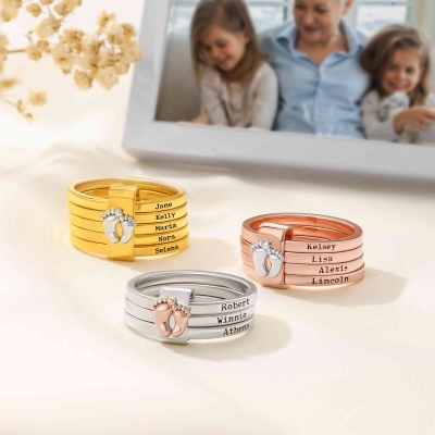 Custom Engraved 2-5 Names Stacking Rings with Feet Charm, Sterling Silver 925 Jewelry, Mother's Day/Birthday/Anniversary Gift for Mom/Grandma/Women