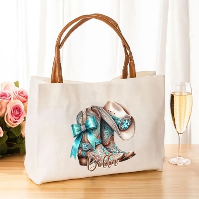 Custom Name Bling Western Bow Boots & Hat Tote Bag, Large Capacity Canvas Handbag with Leather Handles, Christmas/Birthday Gift for Cowgirls/Women