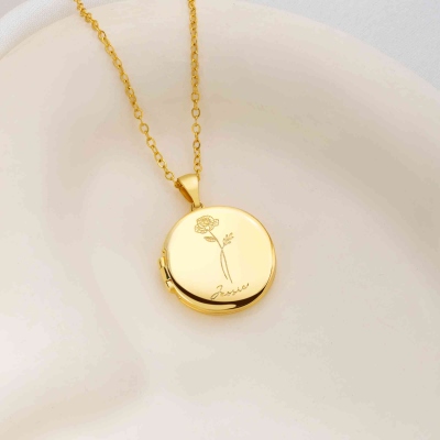 Personalized Engraved Birth Flower Bouquet Photo Locket Necklace, Women's Dainty Jewelry, Birthday/Mother's Day/Anniversary Gift for Her/Mom/Grandma