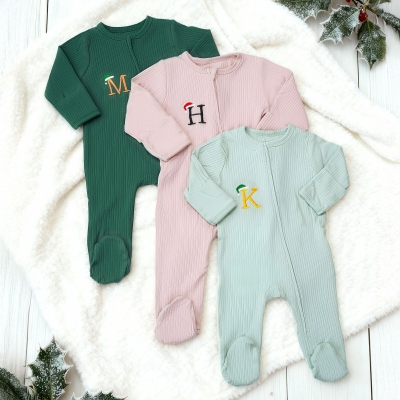Custom Embroidered Christmas Hat Initial Baby Bodysuit, 100% Cotton Baby Romper with Zipper, Baby Shower/First Christmas Gift for Newborns/Infants