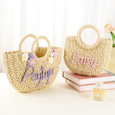 Personalized Boho Flower Straw Handbag with Yarn Name, Little Girl Woven Beach Bag, Birthday/Christmas/Wedding Gift for Women/Kids/Flower Girls