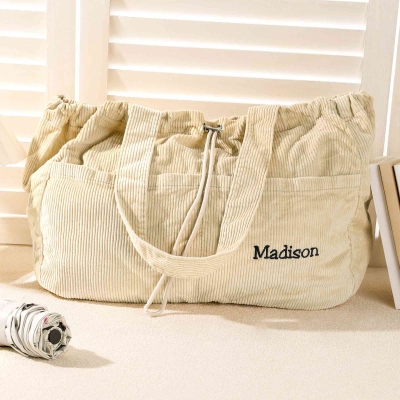Personalized Name Embroidered Drawstring Corduroy Tote Bag with Pockets, Large Capacity Women's Shoulder Bag, Gift for Her/Mom/Sister/Friends