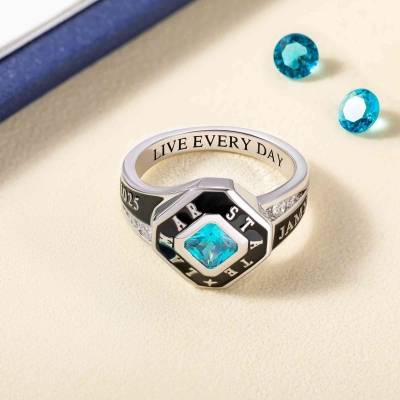 Custom Engraved Square Birthstone Class Ring, High School & College Signet Ring, Sterling Silver 925 Graduation Mementos Jewelry, Gift for Graduates