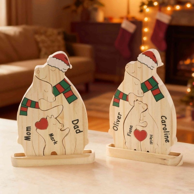 Custom 2-6 Names Hugging Bear Family Puzzle with Red Heart & Base, Wooden Table Sign, Xmas Family Keepsake, Housewarming/Christmas Gift for Family