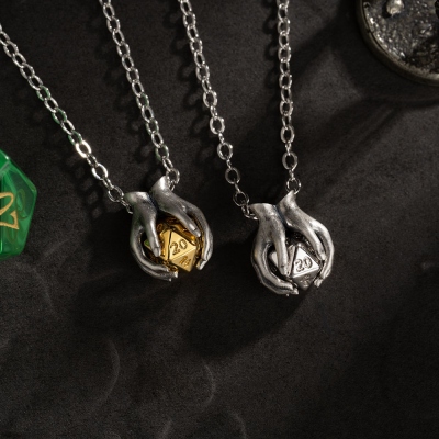 Retro Hands Holding D20 Dice Necklace, Unique Silver/Brass Hands Necklace, Victorian Style Jewelry, DND Wedding Jewelry Gifts