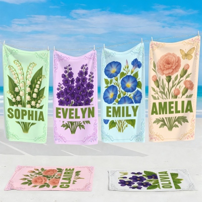 Personalized Name Birth Flower Beach Towel, Quick Dry Microfiber Bath Towel, Vacation/Beach/Pool Party Favor, Gift for Her/Mom/Friends/Bridesmaids