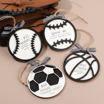 Personalized Name & Number Black and White Bow Sports Ball Ornament, Wooden Christmas Tree Hanging Decor, Christmas Gift for Sports Lovers/Players