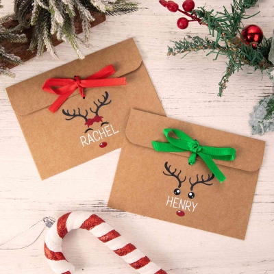 Personalized Name Reindeer Kraft Money Envelope with Satin Ribbon, Cash Voucher Holder, Christmas Stocking Stuffer, Christmas Gift for Kids/Family