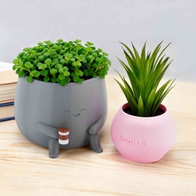 Custom Name 3D Printed Coffee Sipping Design Planter, Succulent Flower Pot with Drain Hole, Housewarming/Birthday Gift for Plant Lovers/Gardeners
