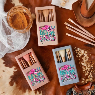 Personalized Name Let's Go Girls Western Cowgirls Makeup Brush Set with Mirror, Travel Accessories, Birthday/Wedding Gift for Her/Friends/Bridesmaids
