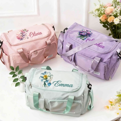 Personalized Name Gemstone Birth Flower Duffle Bag, Waterproof Weekender Bag, Overnight Bag with Shoulder Strap, Gift for Her/Bridesmaids/Women