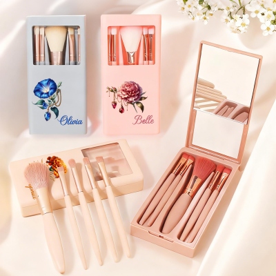 Personalized Name Gemstone Birth Flower 5PCS Makeup Brush Set with Mirror, Travel Accessories, Birthday/Wedding Gift for Her/Friends/Bridesmaids/Women