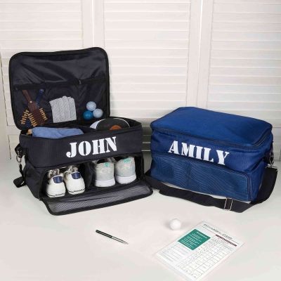 Custom Name Golf Trunk Organizer, Waterproof Golf Balls Tees Storage Bag with Ventilated Compartments for 2 Pair Shoes, Gift for Golf Lovers/Players