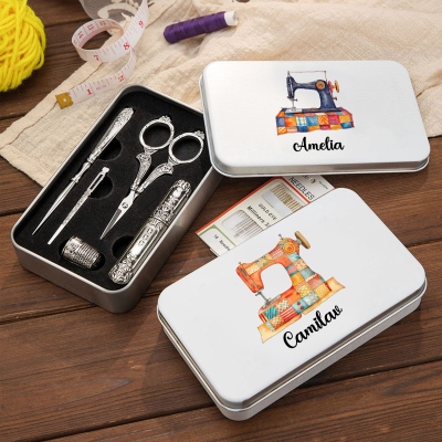 Personalized Name Patchwork Sewing Machine Design 6PCS Vintage Sewing Tools Set with Tin Box, Birthday/Mother's Day Gift for Mom/Tailors/Sewing Lovers
