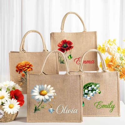 Personalized Name Gemstone Birth Flower Tote Bag, Large Capacity Jute Bag, Burlap Beach Bag, Bridal Shower Favor, Birthday Gift for Her/Mom/Women