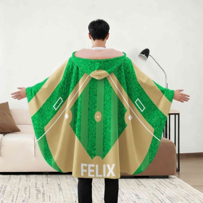 Personalized Sports Ball Course Design Hooded Blanket with Name, Arctic Fleece Blanket Hoodie, Birthday/Christmas Gift for Sports Lovers/Teammates