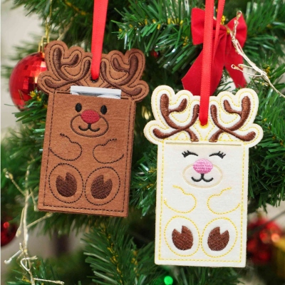Personalized Name Embroidered Felt Reindeer Gift Card Holder, Christmas Money Clip, Holiday Stocking Stuffer, Christmas Gift for Kids/Family