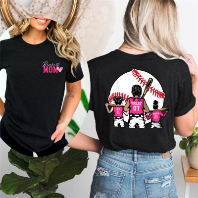Personalized Baseball Mom T-Shirt with Kids' Names & Numbers, Pure Cotton Crewneck Sports T-Shirt, Gameday Cheer Mom Outfit, Gift for Baseball Mom/Dad