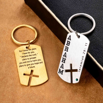 Personalized Name Engraved Cross Bible Verse Dog Tag Keychain with Birthstone, Birthday/Father’s Day/Christmas for Husband/Dad/Grandpa/Christian Men