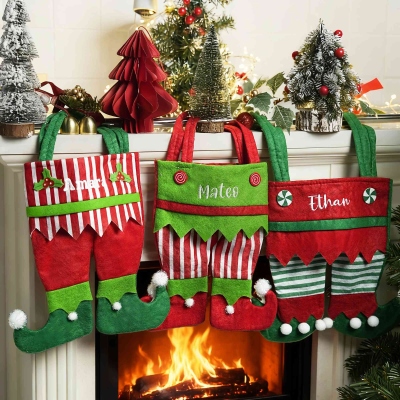Personalized Name Embroidered Elf Christmas Stocking, Festival Fireplace Christmas Tree Hanging Ornament, Home Decor, Christmas Gift for Family/Kids