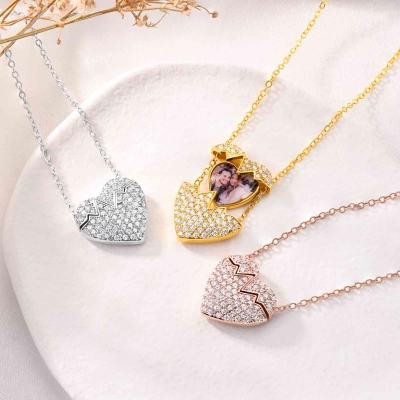 Personalized Locket Necklace with Zircon, Custom Photo Necklace, Custom Photo Heart Necklace, Birthday Gift, Gift for Her/Mom