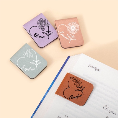 Custom Name Birth Flower Heart Leather Bookmark, Magnetic Floral Bookmark Clip, Reading Accessory, Birthday/Christmas Gift for Book Lovers/Librarians