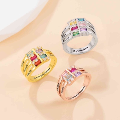 Custom Engraved 1-6 Baguette Birthstones Ring with Names, Sterling Silver 925 Family Birthstone Jewelry, Mother's Day/Christmas Gift for Mom/Grandma