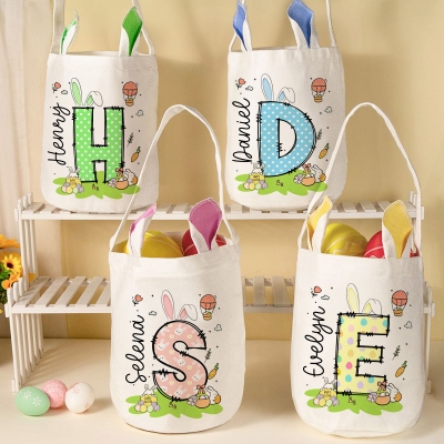 Custom Name Polka Dot Alphabet Bunny Ears Bucket Bag, Happy Easter Egg Hunt Basket, Cotton Linen Easter Goodie Bag, Easter Gift for Kids/Boys/Girls