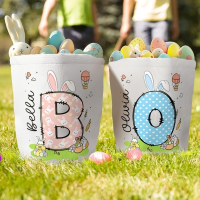Custom Name Polka Dot Bunny Ears Alphabet Easter Basket, Easter Egg Hunt Bucket Bag, Large Capacity Canvas Goodie Bag, Easter Gift for Kids/Boys/Girls