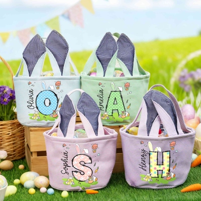 Custom Name Polka Dot Alphabet Easter Basket with Bunny Ears, Easter Egg Hunt Basket, Seersucker Easter Goodie Bag, Easter Gift for Kids/Boys/Girls