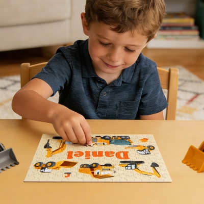 Personalized Construction Trucks Puzzle with Name, Wooden DIY Jigsaw Puzzle, Children's Interactive Toy, Birthday/Christmas Gift for Kids/Boys