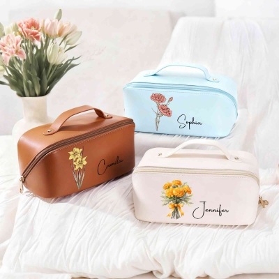 Custom Birth Flower Makeup Bag with Name Personalization, Multiple Styles Available, Perfect for Travel,Gifts for Her