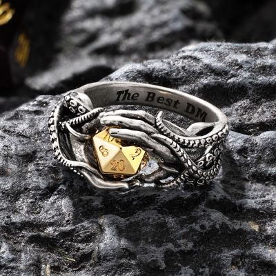 Retro Hands Holding D20 Dice Promise Ring with Inner Engraving, Unique Silver/Brass Hands Ring, Victorian Style Jewelry, DND Wedding Jewelry Gifts