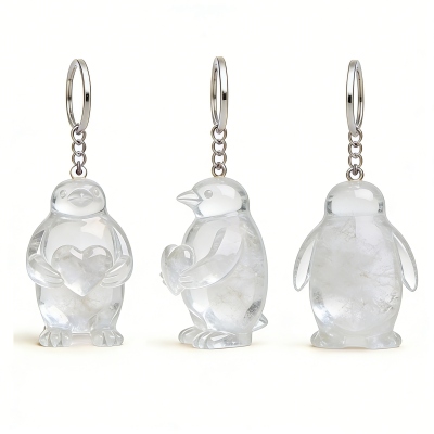 Personalized Initial Rose Quartz & Clear Quartz Penguin Keychains, Chakra 'Soulmate' Healing Crystal Set, Valentine's Day Gift for Him/Her/Couple