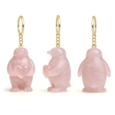 Personalized Initial Rose Quartz & Clear Quartz Penguin Keychains, Chakra 'Soulmate' Healing Crystal Set, Valentine's Day Gift for Him/Her/Couple