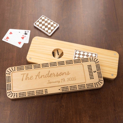 Personalized Engraved Wooden 3 Track Cribbage Board with Pegs and Poker, Game Night Accessories, Christmas/Birthday Gift for Cribbage Lovers