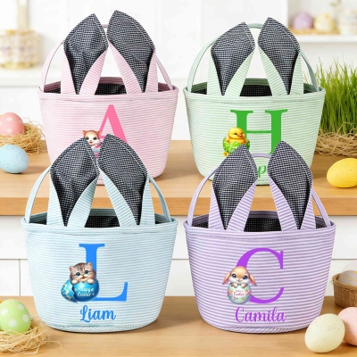 Custom Name Cracked Egg Animal Alphabet Easter Basket with Bunny Ears, Easter Egg Hunt Basket, Seersucker Easter Goodie Bag, Easter Gift for Kids