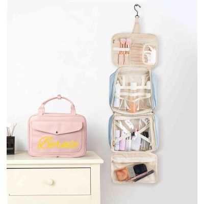Personalized Name Hanging Leather Toiletry Bag, Travel Cosmetic Bag with Luggage Strap, Large Capacity Waterproof Makeup Bag, Gift for Her/Mom/Women