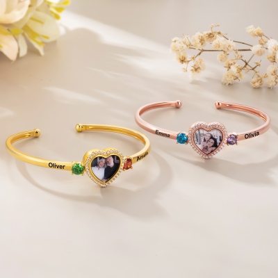 Personalized Heart Photo Bangle with Names & Birthstones, Open Cuff Adjustable Bangle, Mother's Day/Anniversary/Valentine's Day Gift for Mom/Her/Wife