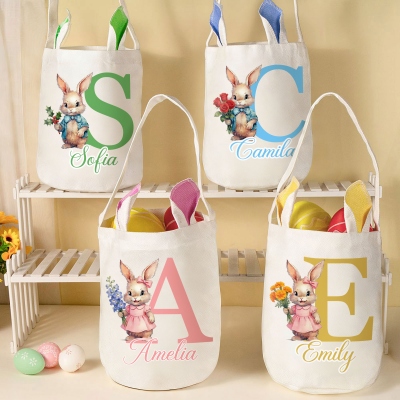 Custom Name & Initial Watercolor Birth Flower Rabbit Bucket Bag with Bunny Ears, Cotton Linen Easter Egg Hunt Basket, Easter Gift for Kids/Boys/Girls