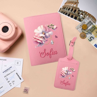 Personalized Name Gemstone Birth Flower Passport Holder Set, Leather Passport Cover & Luggage Tag, Travel Accessories, Birthday Gift for Her/Mom/Women