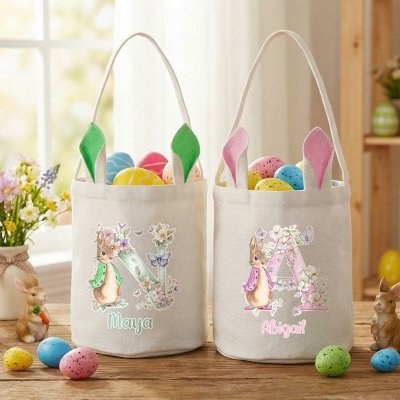Personalized Name Peter Rabbit Floral Alphabet Bucket Bag with Bunny Ears, Cotton Linen Easter Egg Hunt Basket, Easter Gift for Kids/Boys/Girls